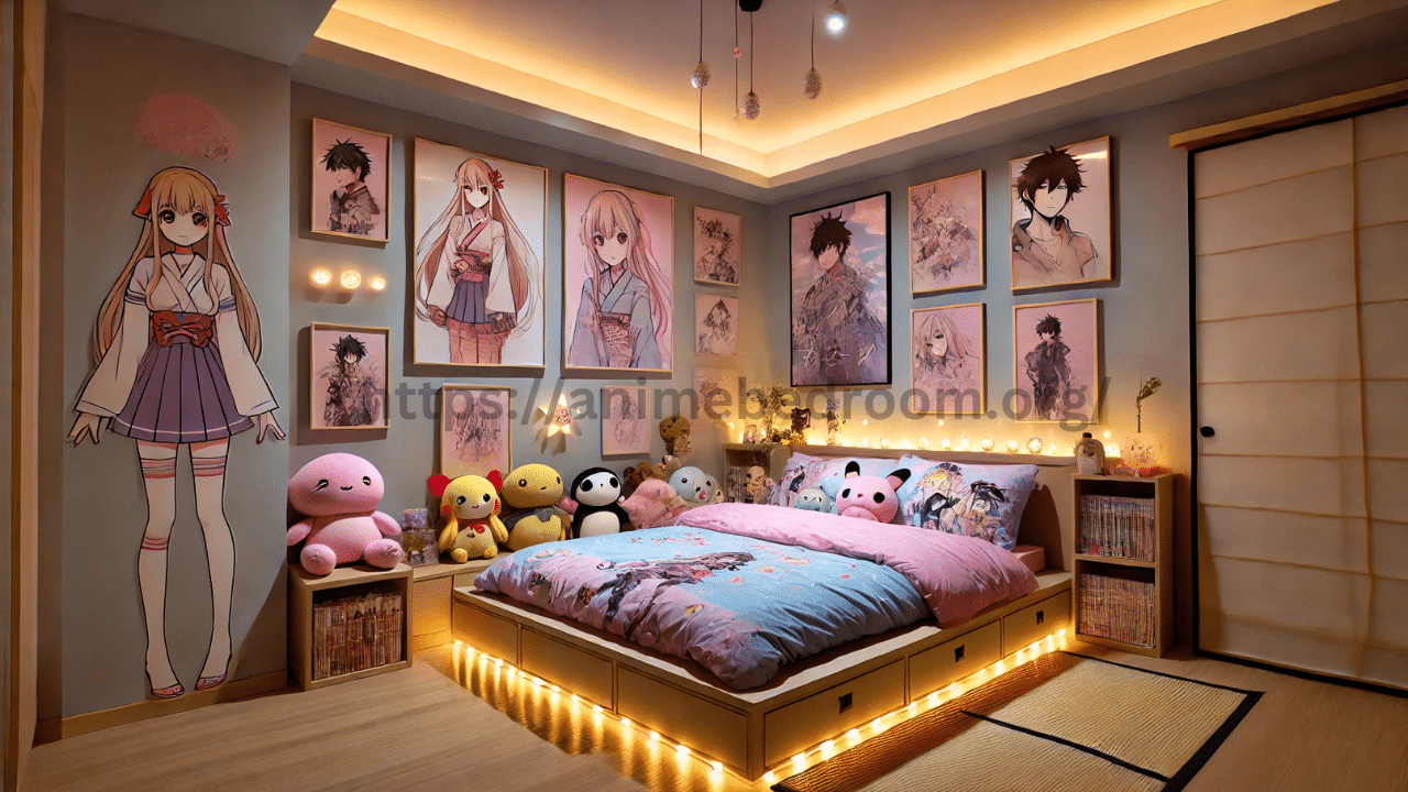 A vibrant, kawaii-themed anime bedroom filled with bright colors and playful decor