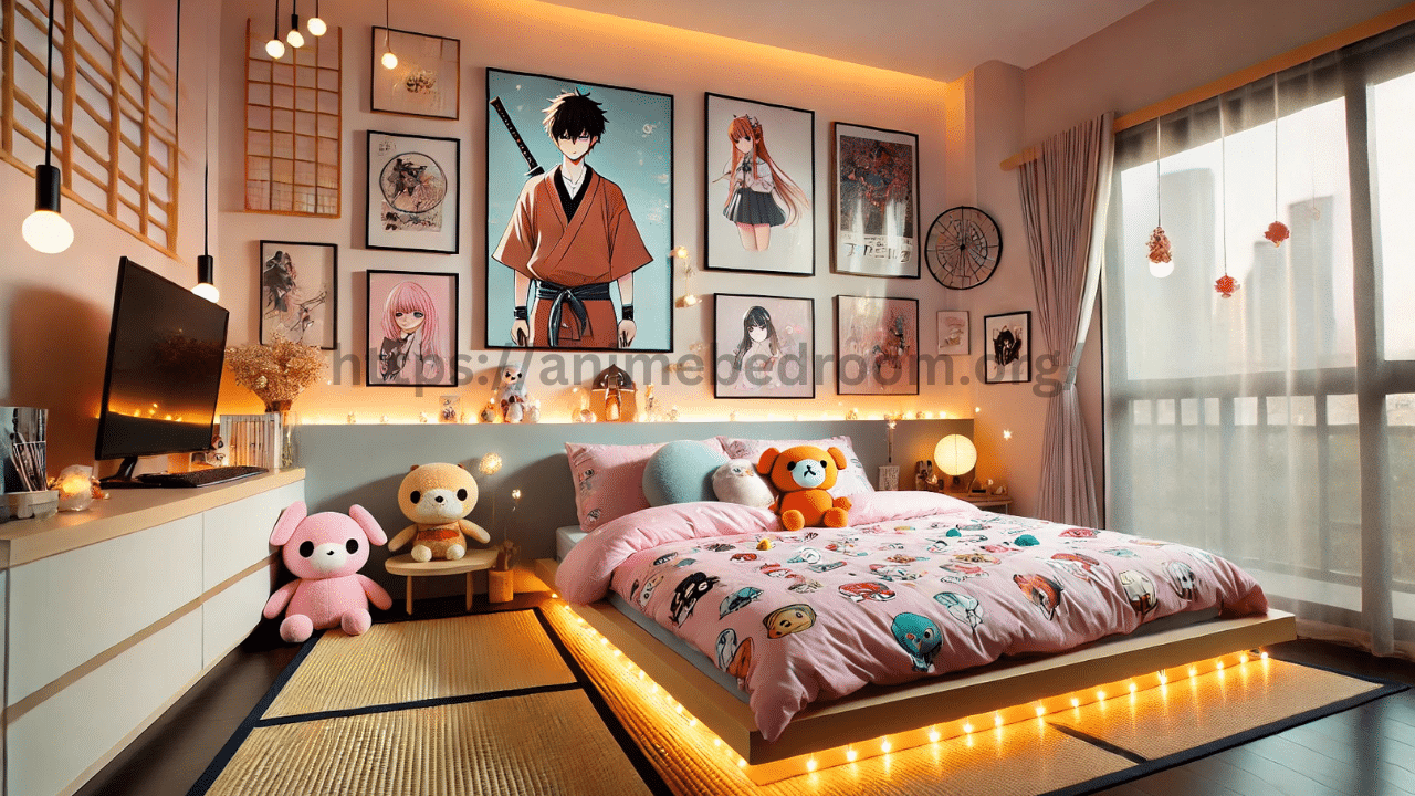 Cozy anime bedroom. with pastel decor, low platform bed, tatami mat, plush toys, and anime-themed artwork on the walls.