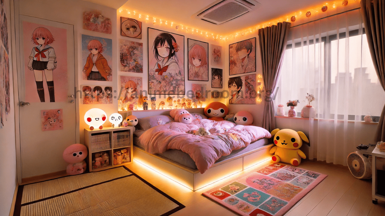 Bright, colorful kawaii anime bedroom with cute plush toys, character posters, and colorful rug